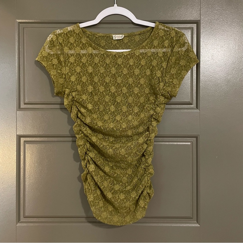 Free People Intimately Keep It Simple Olive Green Lace Short Sleeve Layering Top